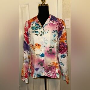 Coldwater Creek Floral Linen Blend Jacket Women’s 16 Watercolor White Pink Blue